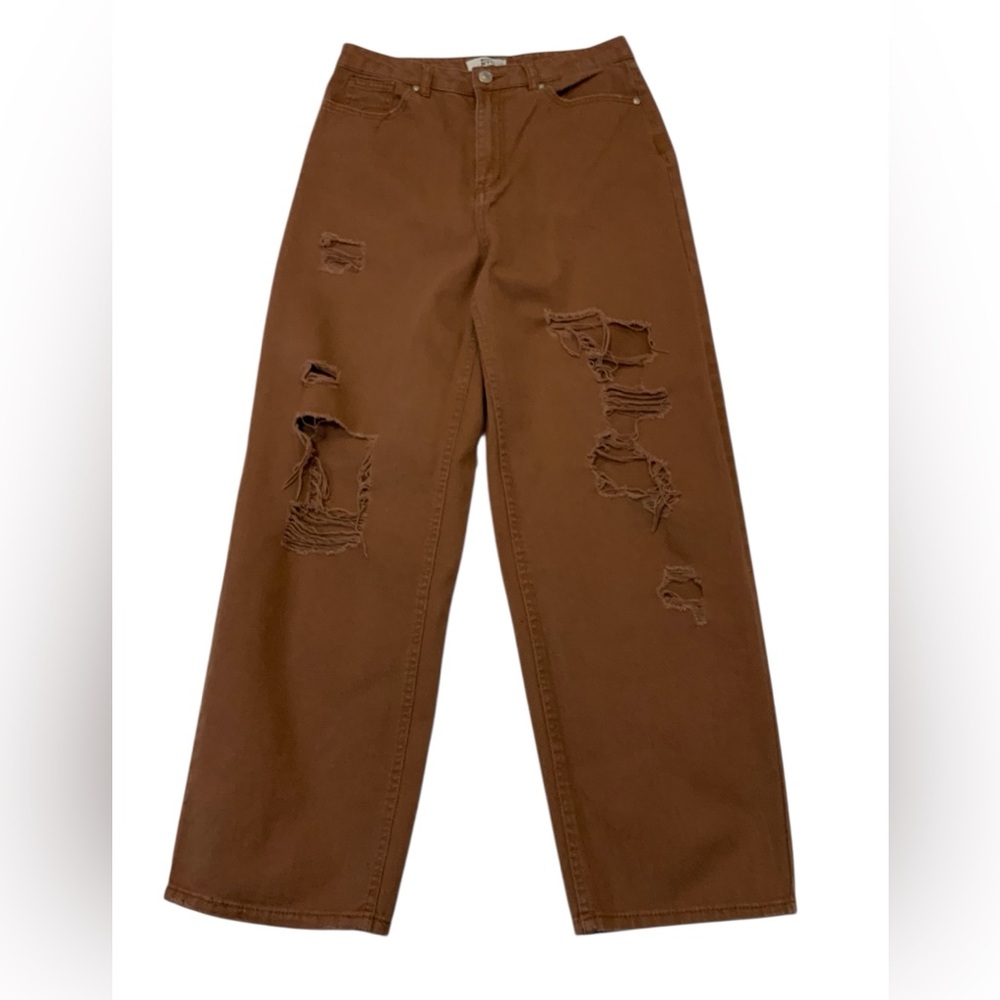 Madden NYC Women’s Brown Wide Leg Ripped Denim Jeans